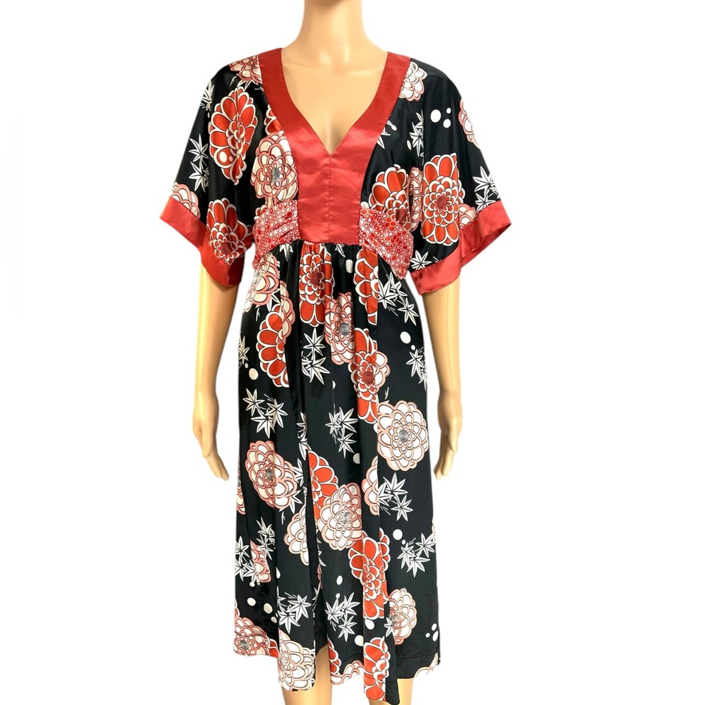 Jonathan Martin Kimono Dress Floral Satin Black Burnt Orange Satin Pullover